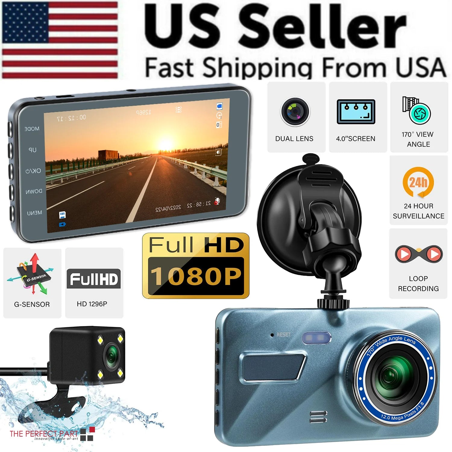 HD 1080P Car Dual Lens Dash Cam 4" DVR Recorder Front & Rear Camera Night Vision