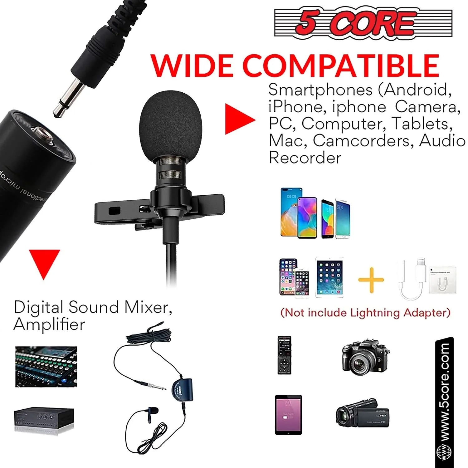 5Core Lavalier Microphone Professional Tiny Shirt Clip on Lapel Mic Mini Wearable Microfono